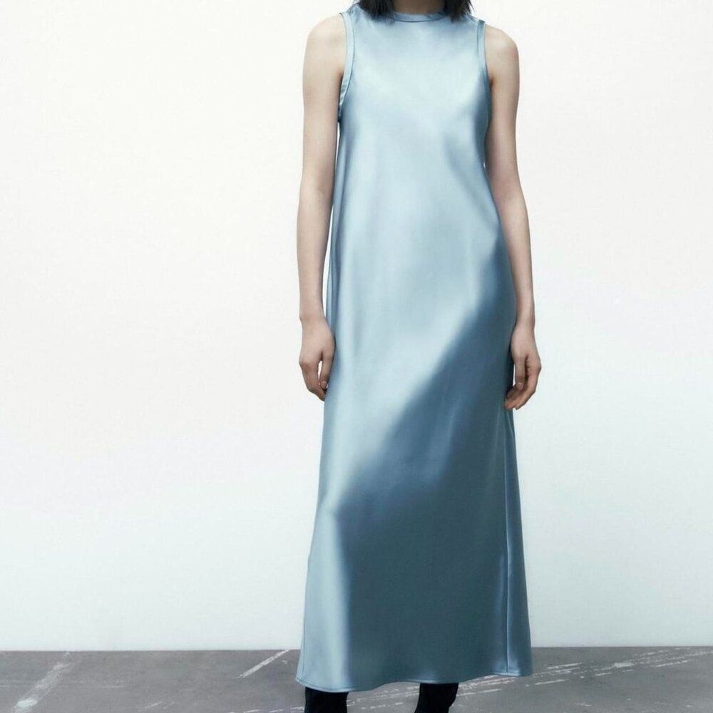 Zara Women Dress Large S Small Blue Satin Midi Sleeveless Polyester 4432/352 NWT